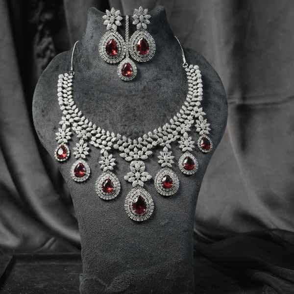 Wedding Diamond Necklace Set With Red Teardrop Stones